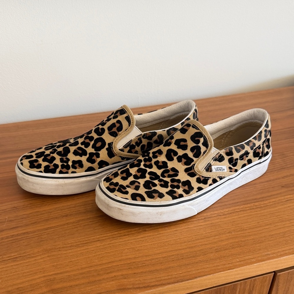 Vans Tan and Black Animal Print Slip-Ons